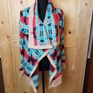 B Sharp Aztec Southwestern Print Waterfall Hem Open Front Cardigan Sweater NWT